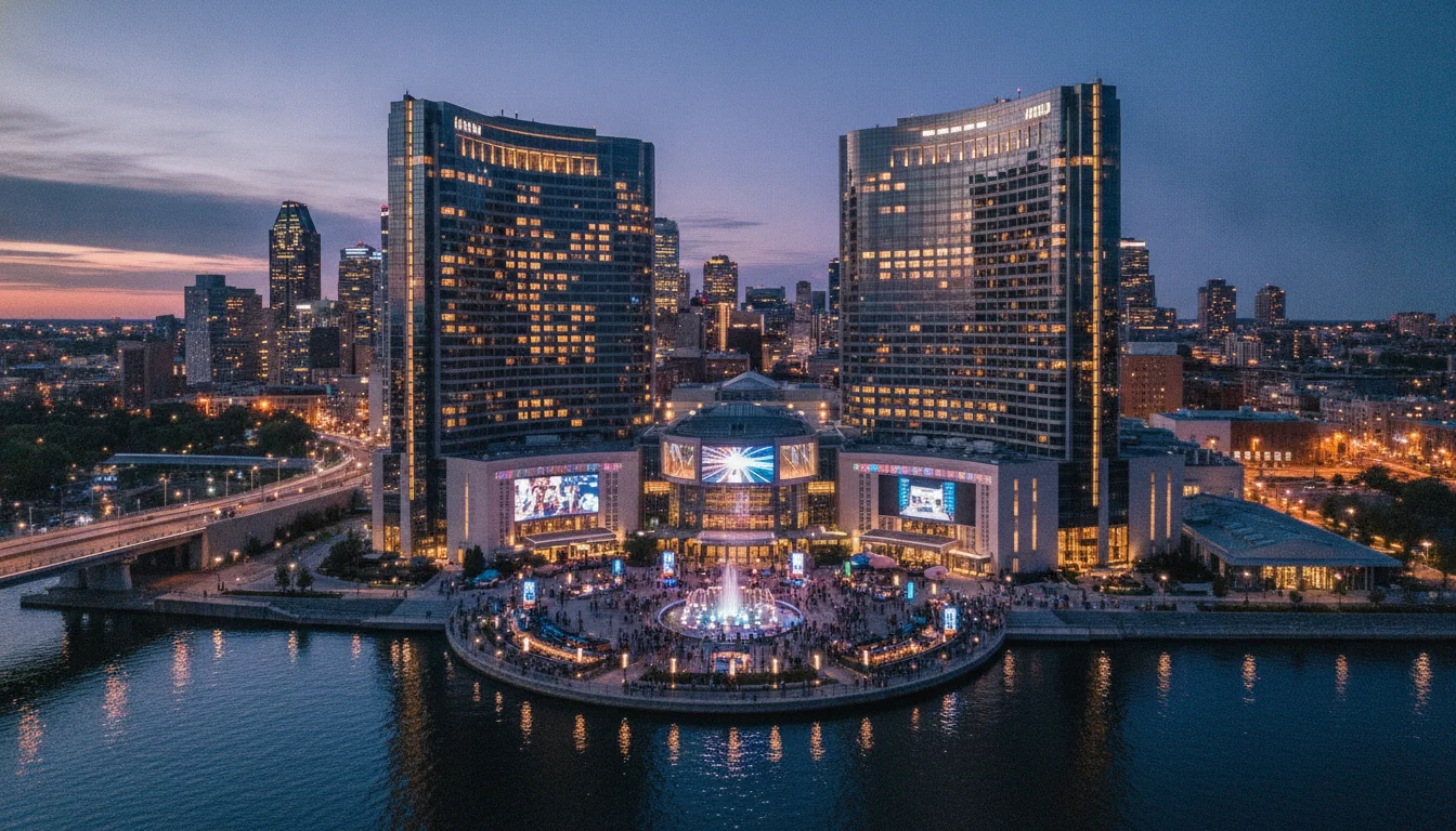 Elegant casino venue on an island in Montreal, modern architecture, vibrant entertainment district atmosphere, evening ambiance with city lights, sophisticated entertainment venue