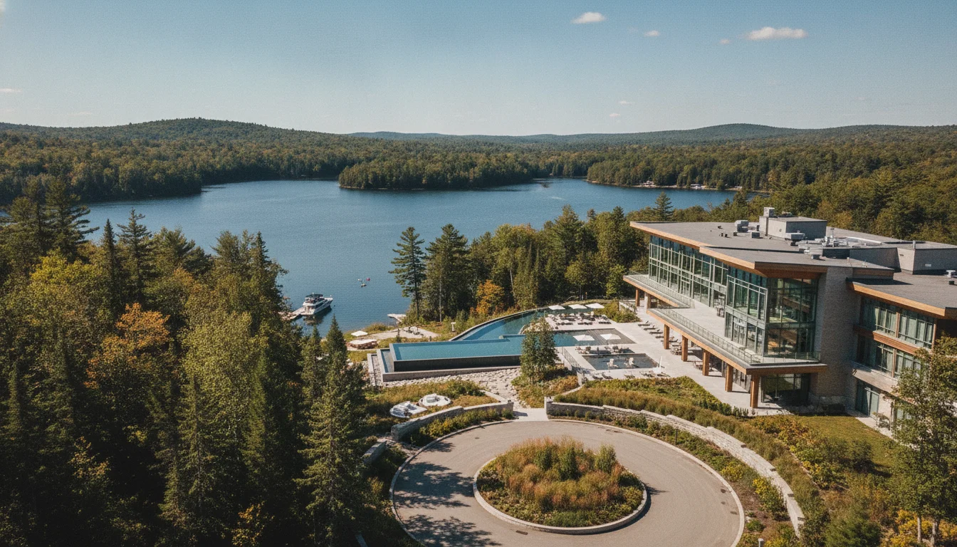 Luxury resort casino in Ontario lake country, surrounded by natural scenery and trees, contemporary architecture, peaceful natural setting, scenic landscape views, daylight