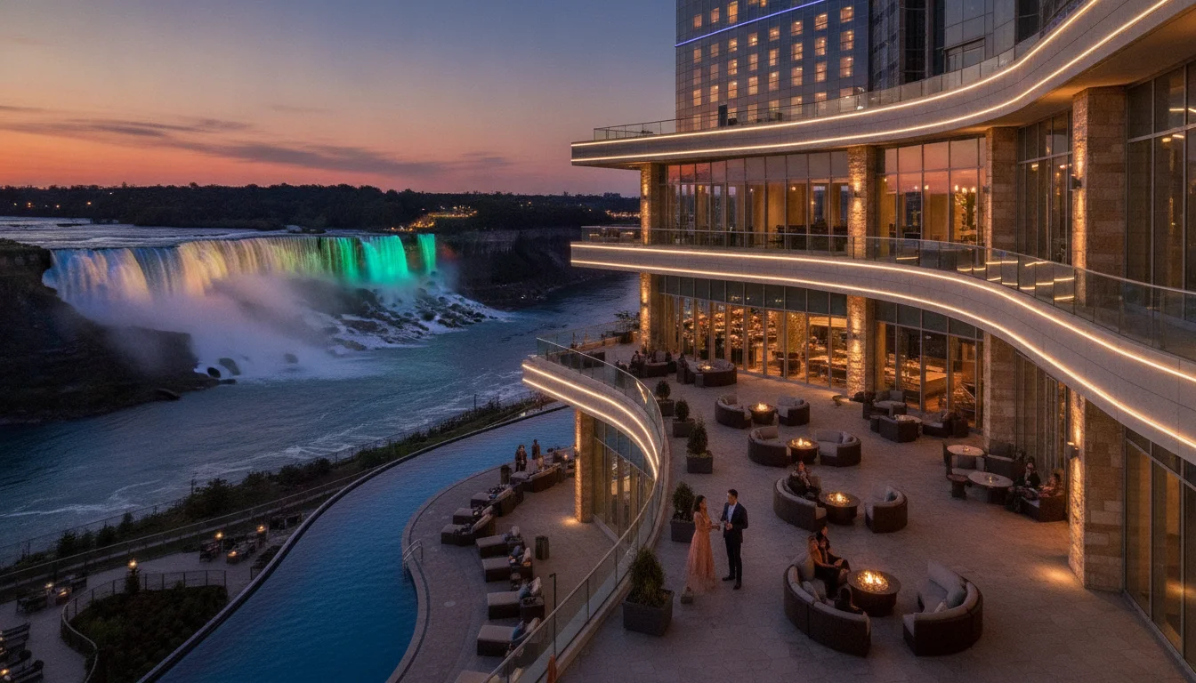 Modern luxury casino resort overlooking Niagara Falls, illuminated waterfalls in background, contemporary architecture with glass and stone, evening lights reflecting off the building, scenic viewpoint