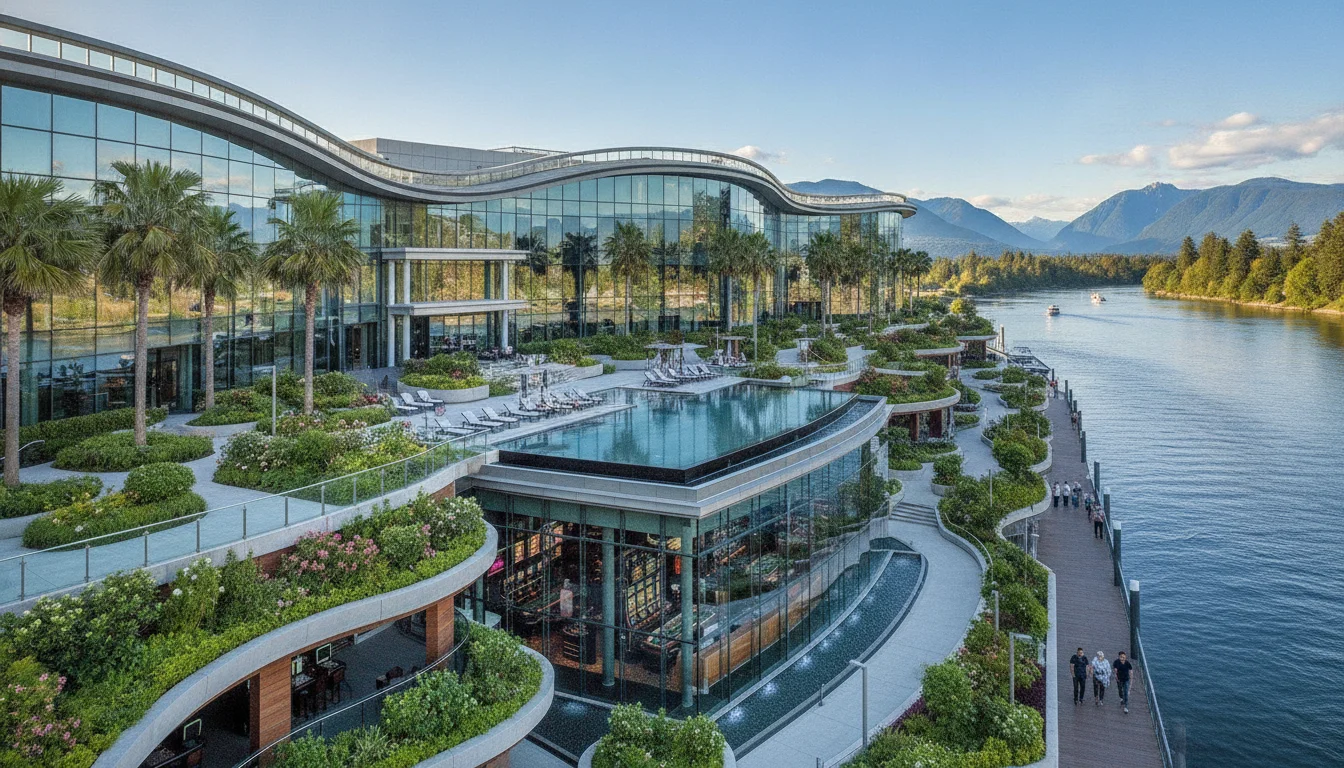 Contemporary waterfront casino resort on Fraser River in Vancouver, modern architecture with river views, natural lighting, lush landscaping, sophisticated design, daytime setting